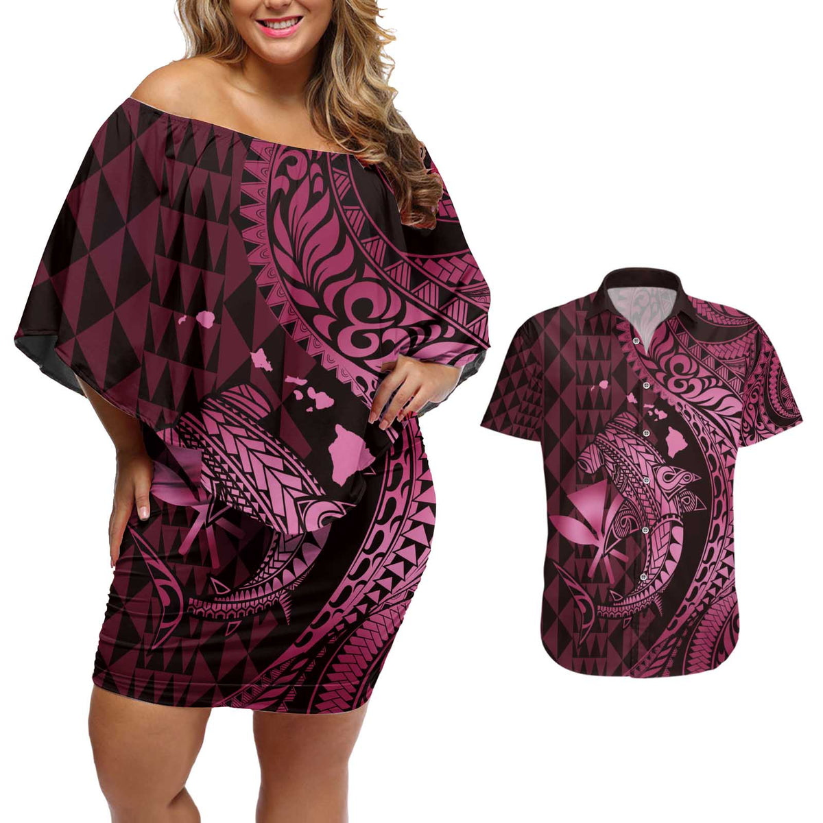 Aloha Hawaii Hammerhead Shark Couples Matching Off Shoulder Short Dress and Hawaiian Shirt Pink Kakau and Polynesian Tattoo LT03