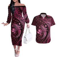 Aloha Hawaii Hammerhead Shark Couples Matching Off The Shoulder Long Sleeve Dress and Hawaiian Shirt Pink Kakau and Polynesian Tattoo LT03 Pink - Polynesian Pride
