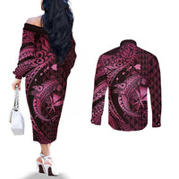 Aloha Hawaii Hammerhead Shark Couples Matching Off The Shoulder Long Sleeve Dress and Long Sleeve Button Shirt Pink Kakau and Polynesian Tattoo LT03 - Polynesian Pride