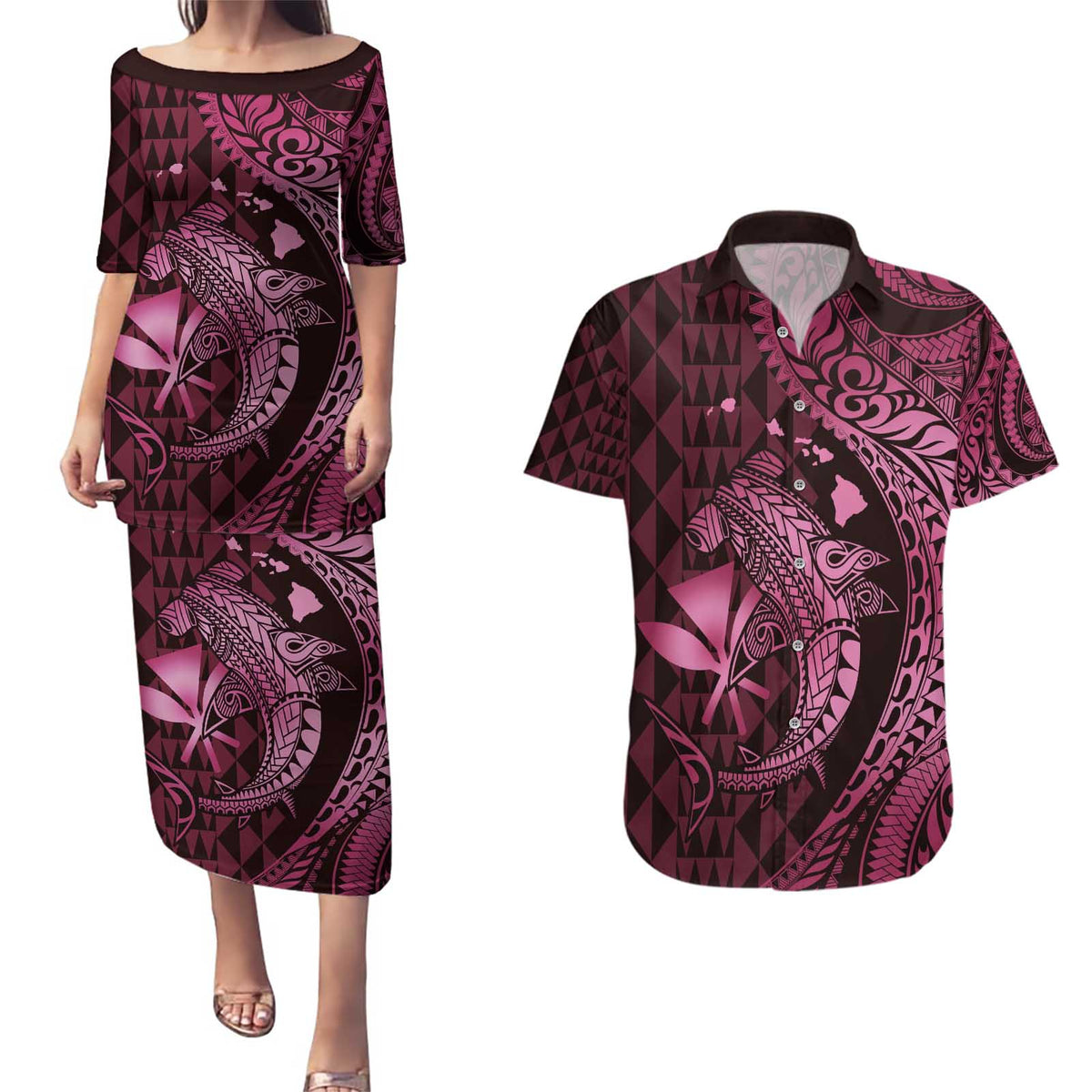 Aloha Hawaii Hammerhead Shark Couples Matching Puletasi and Hawaiian Shirt Pink Kakau and Polynesian Tattoo LT03