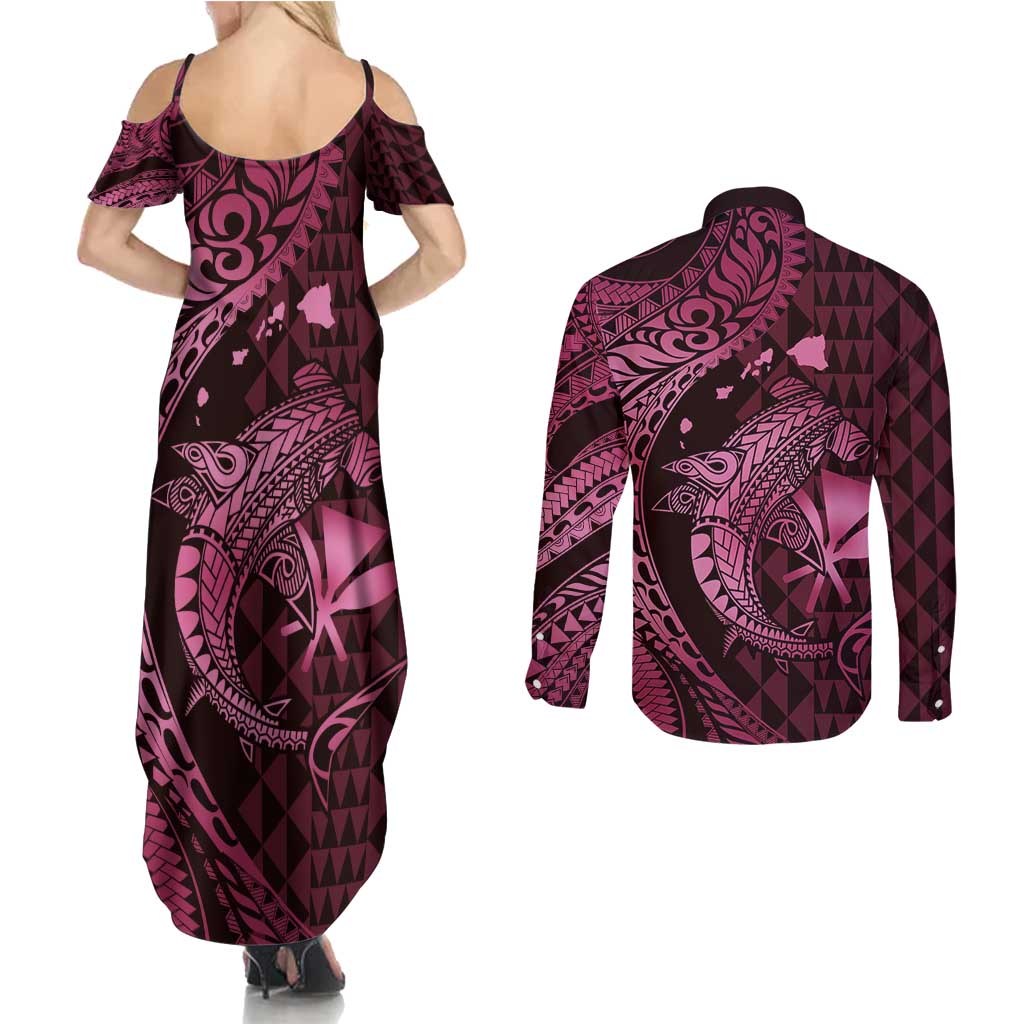 Aloha Hawaii Hammerhead Shark Couples Matching Summer Maxi Dress and Long Sleeve Button Shirt Pink Kakau and Polynesian Tattoo LT03
