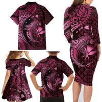 Aloha Hawaii Hammerhead Shark Family Matching Long Sleeve Bodycon Dress and Hawaiian Shirt Pink Kakau and Polynesian Tattoo LT03 - Polynesian Pride