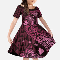 Aloha Hawaii Hammerhead Shark Family Matching Off The Shoulder Long Sleeve Dress and Hawaiian Shirt Pink Kakau and Polynesian Tattoo LT03 Daughter's Dress Pink - Polynesian Pride