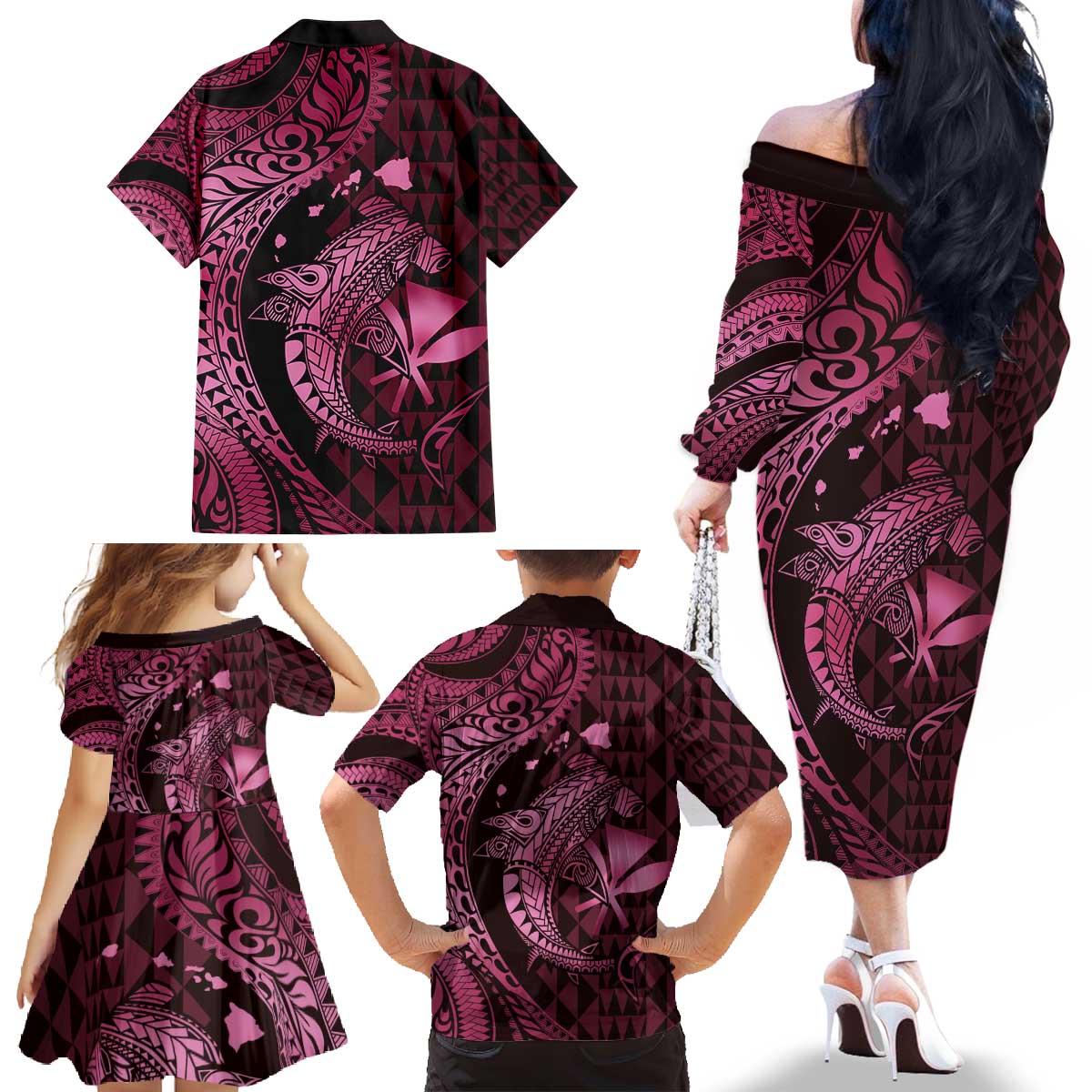 Aloha Hawaii Hammerhead Shark Family Matching Off The Shoulder Long Sleeve Dress and Hawaiian Shirt Pink Kakau and Polynesian Tattoo LT03 - Polynesian Pride