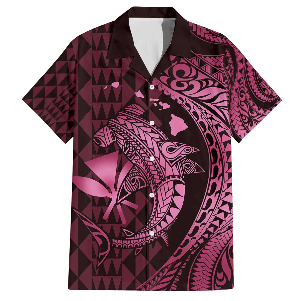 Aloha Hawaii Hammerhead Shark Family Matching Off The Shoulder Long Sleeve Dress and Hawaiian Shirt Pink Kakau and Polynesian Tattoo LT03 Dad's Shirt - Short Sleeve Pink - Polynesian Pride