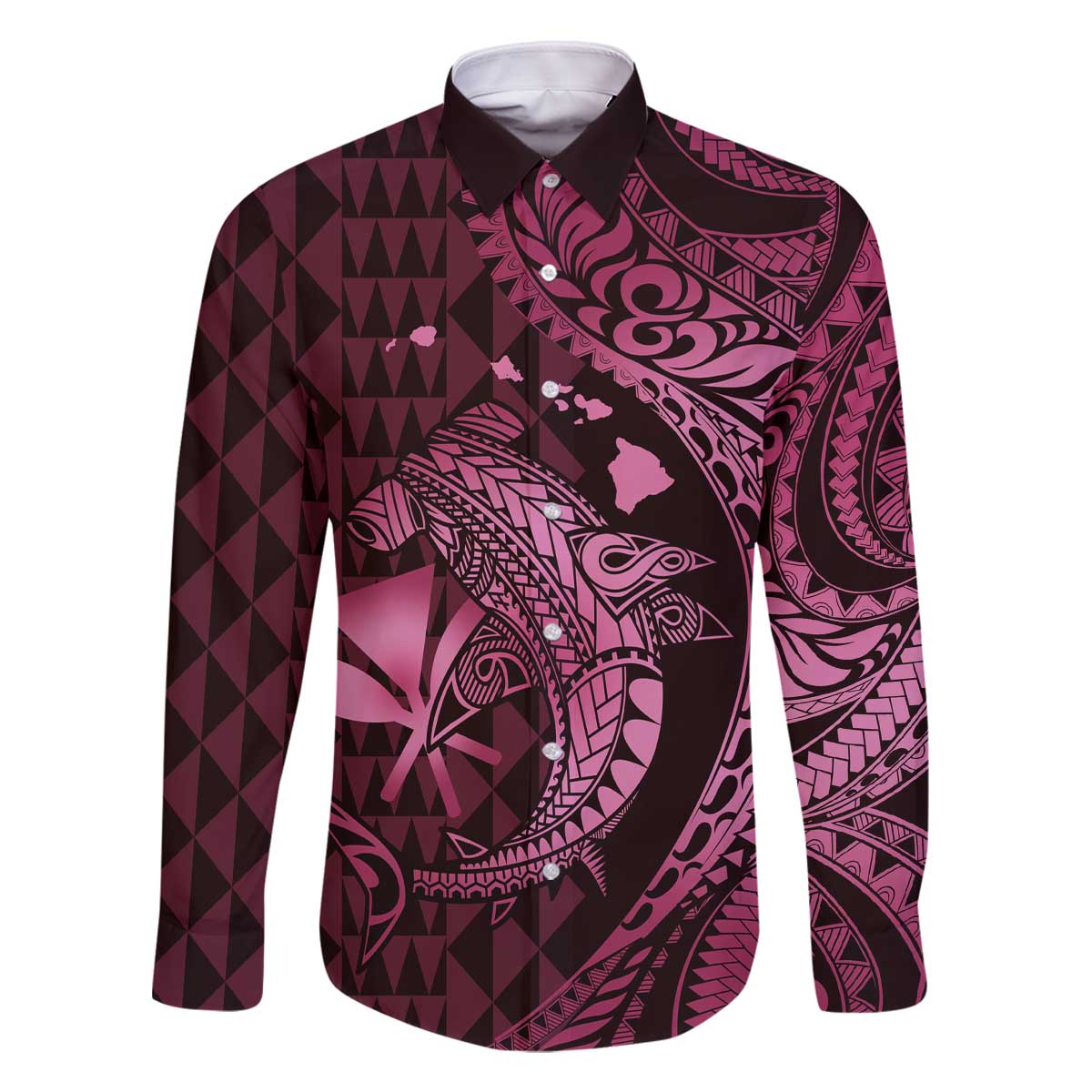 Aloha Hawaii Hammerhead Shark Family Matching Off The Shoulder Long Sleeve Dress and Hawaiian Shirt Pink Kakau and Polynesian Tattoo LT03 Dad's Shirt - Long Sleeve Pink - Polynesian Pride