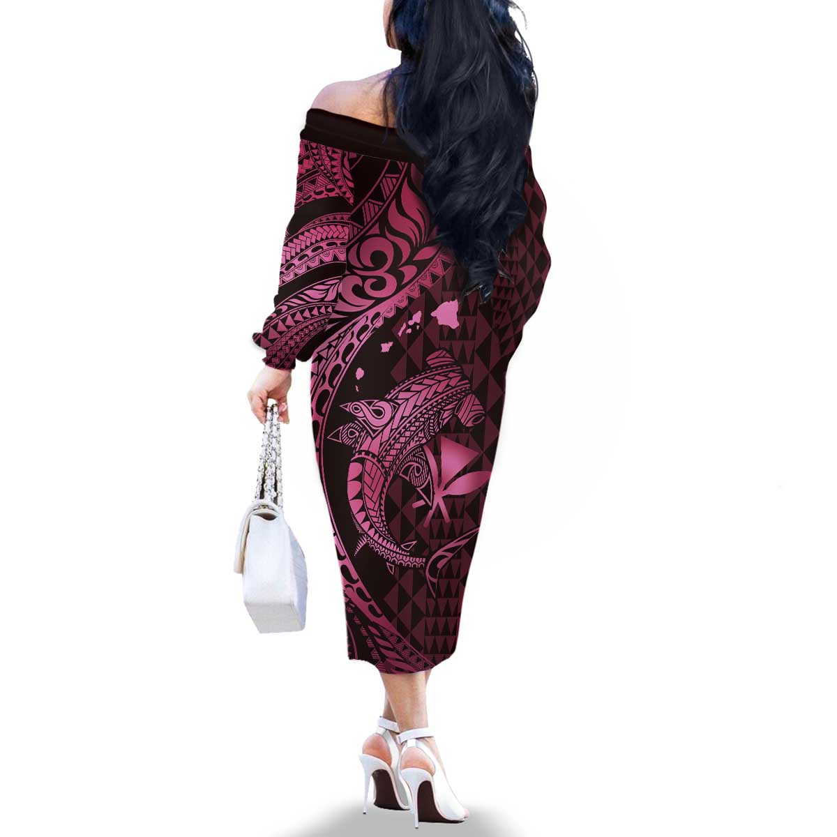 Aloha Hawaii Hammerhead Shark Family Matching Off The Shoulder Long Sleeve Dress and Hawaiian Shirt Pink Kakau and Polynesian Tattoo LT03 - Polynesian Pride