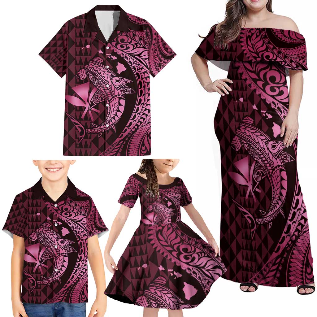 Aloha Hawaii Hammerhead Shark Family Matching Off Shoulder Maxi Dress and Hawaiian Shirt Pink Kakau and Polynesian Tattoo LT03 - Polynesian Pride