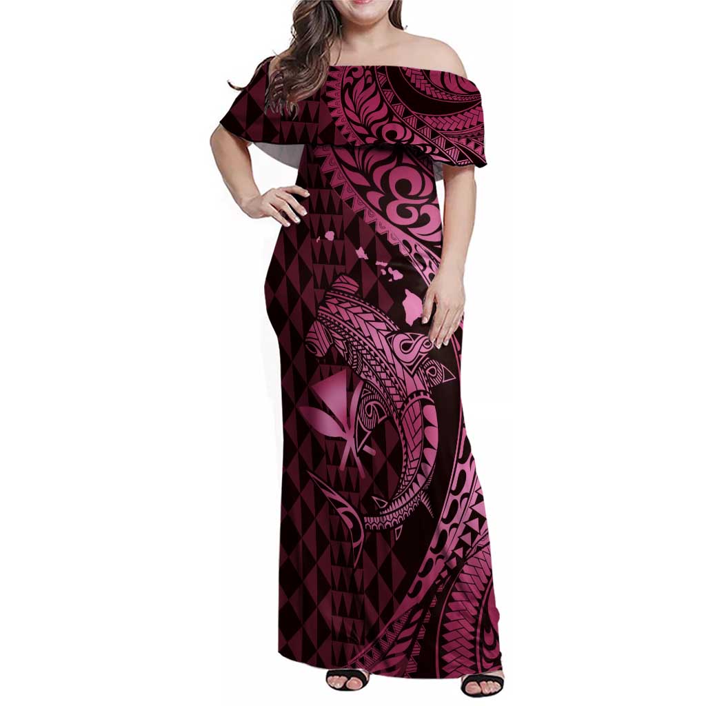 Aloha Hawaii Hammerhead Shark Family Matching Off Shoulder Maxi Dress and Hawaiian Shirt Pink Kakau and Polynesian Tattoo LT03 Mom's Dress Pink - Polynesian Pride