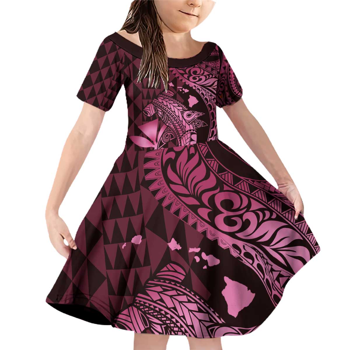 Aloha Hawaii Hammerhead Shark Family Matching Off Shoulder Short Dress and Hawaiian Shirt Pink Kakau and Polynesian Tattoo LT03 Daughter's Dress Pink - Polynesian Pride