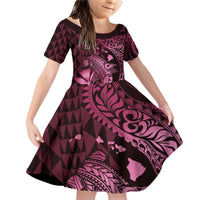 Aloha Hawaii Hammerhead Shark Family Matching Off Shoulder Short Dress and Hawaiian Shirt Pink Kakau and Polynesian Tattoo LT03 Daughter's Dress Pink - Polynesian Pride