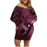 Aloha Hawaii Hammerhead Shark Family Matching Off Shoulder Short Dress and Hawaiian Shirt Pink Kakau and Polynesian Tattoo LT03 Mom's Dress Pink - Polynesian Pride