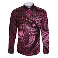Aloha Hawaii Hammerhead Shark Family Matching Puletasi and Hawaiian Shirt Pink Kakau and Polynesian Tattoo LT03 Dad's Shirt - Long Sleeve Pink - Polynesian Pride