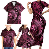 Aloha Hawaii Hammerhead Shark Family Matching Short Sleeve Bodycon Dress and Hawaiian Shirt Pink Kakau and Polynesian Tattoo LT03 - Polynesian Pride