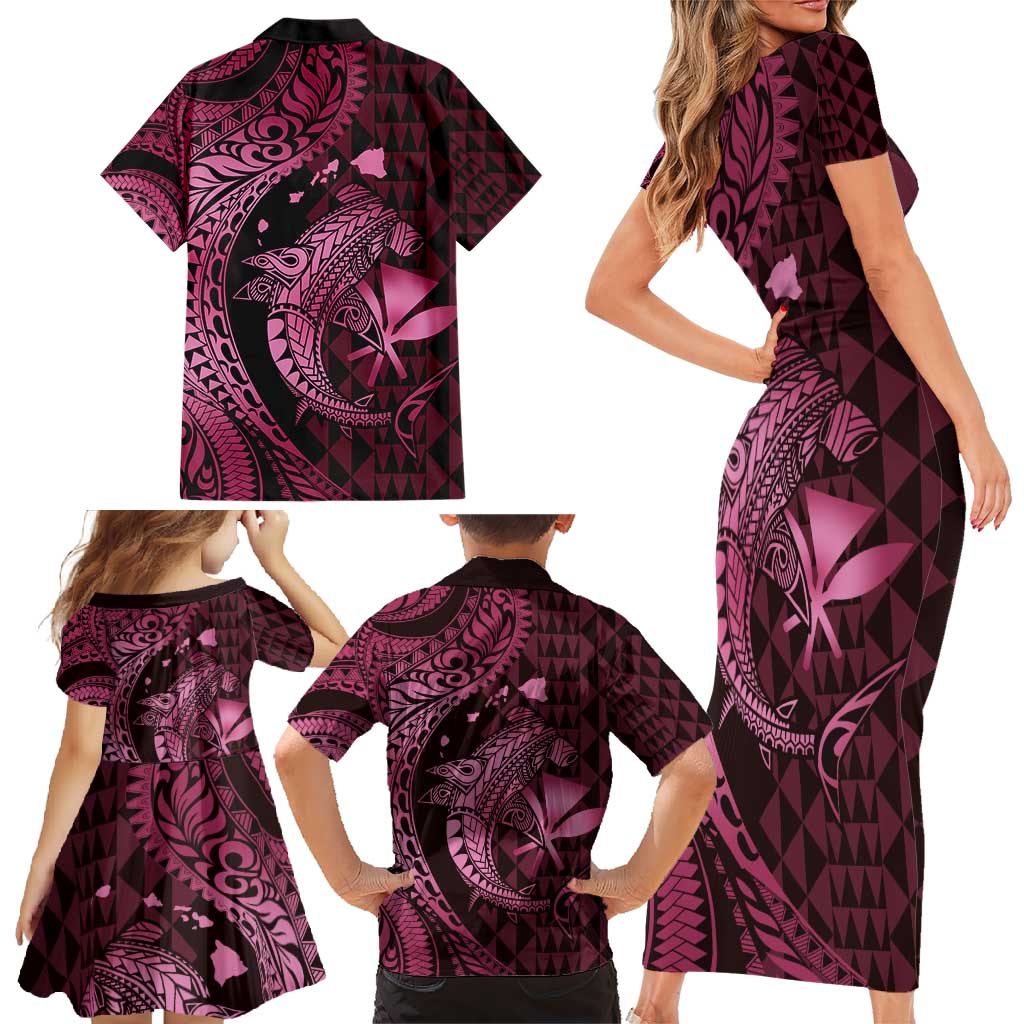 Aloha Hawaii Hammerhead Shark Family Matching Short Sleeve Bodycon Dress and Hawaiian Shirt Pink Kakau and Polynesian Tattoo LT03 - Polynesian Pride