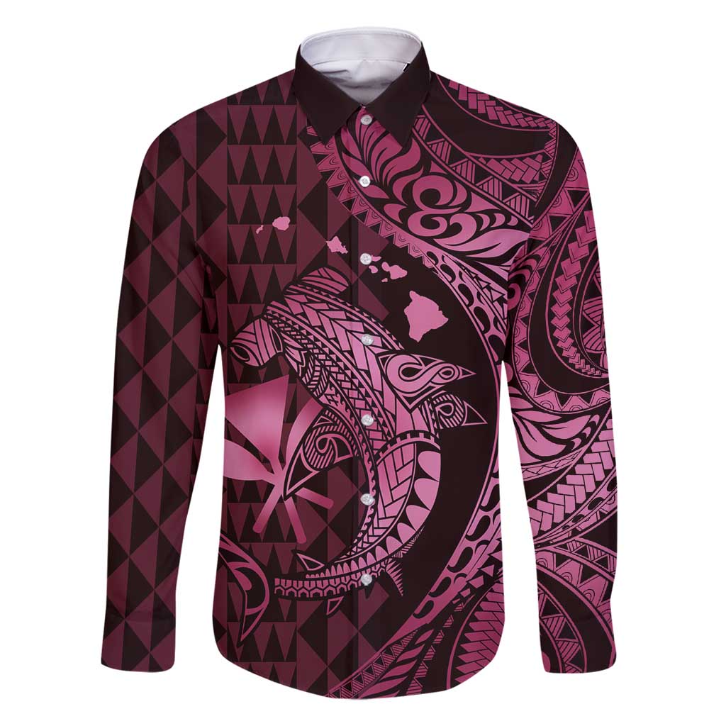 Aloha Hawaii Hammerhead Shark Family Matching Summer Maxi Dress and Hawaiian Shirt Pink Kakau and Polynesian Tattoo LT03 Dad's Shirt - Long Sleeve Pink - Polynesian Pride