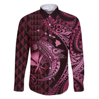 Aloha Hawaii Hammerhead Shark Family Matching Summer Maxi Dress and Hawaiian Shirt Pink Kakau and Polynesian Tattoo LT03 Dad's Shirt - Long Sleeve Pink - Polynesian Pride