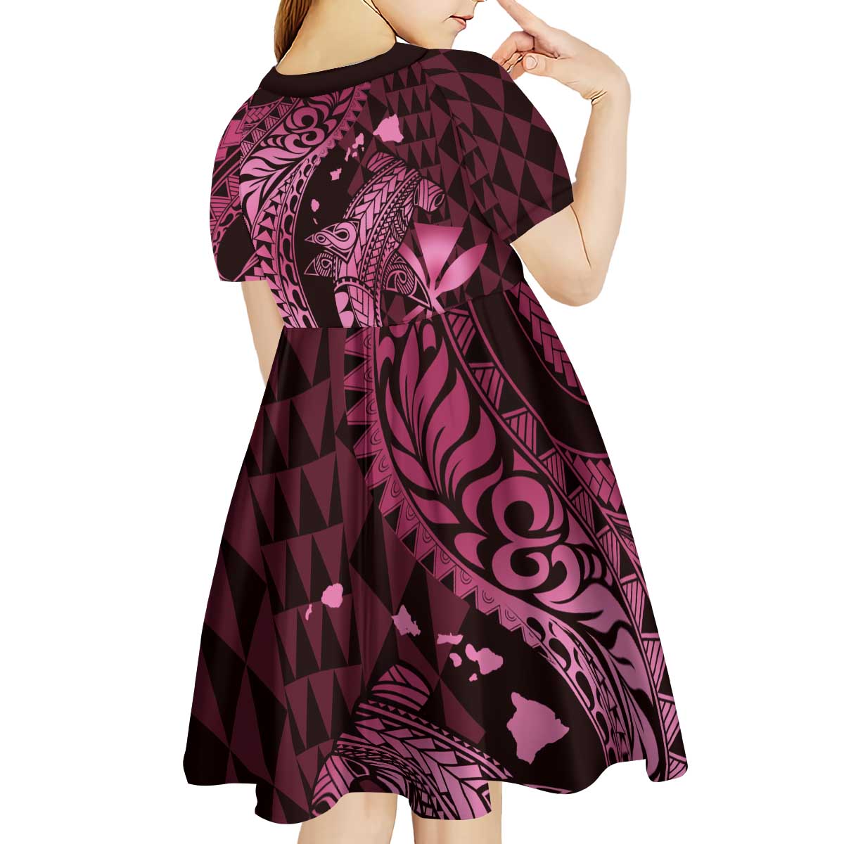 Aloha Hawaii Hammerhead Shark Kid Short Sleeve Dress Pink Kakau and Polynesian Tattoo LT03