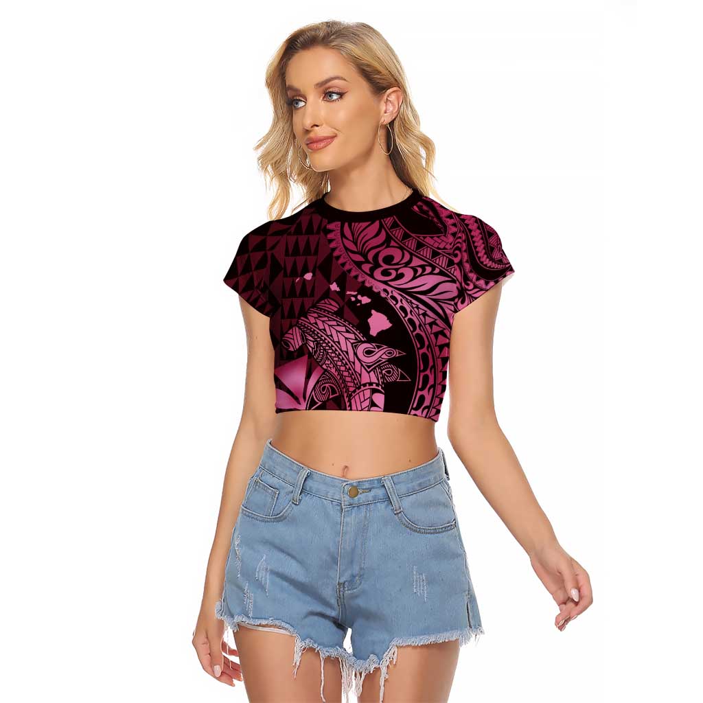 Aloha Hawaii Hammerhead Shark Raglan Cropped T Shirt Pink Kakau and Polynesian Tattoo LT03