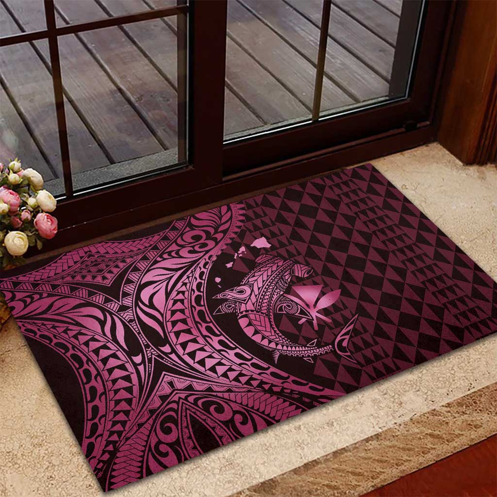 Aloha Hawaii Hammerhead Shark Rubber Doormat Pink Kakau and Polynesian Tattoo LT03