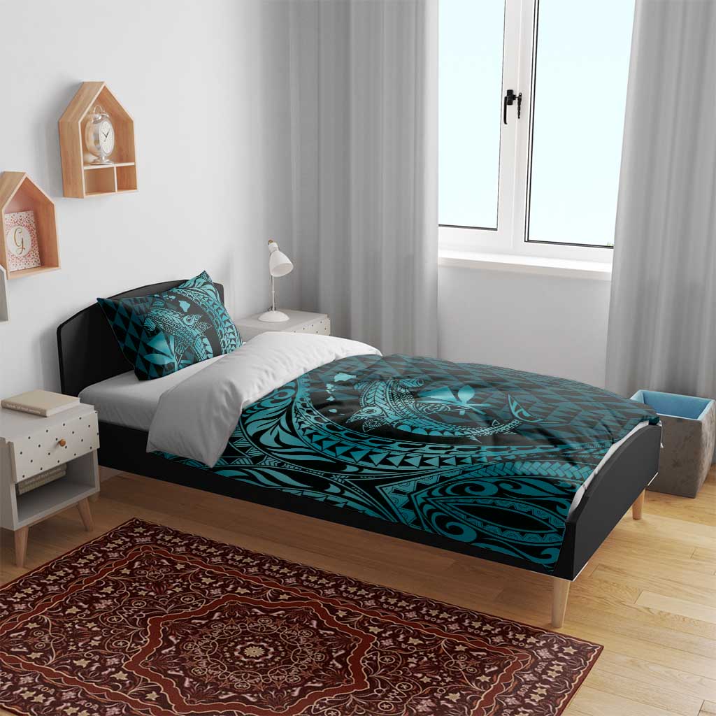 Aloha Hawaii Hammerhead Shark Bedding Set Turquoise Kakau and Polynesian Tattoo LT03