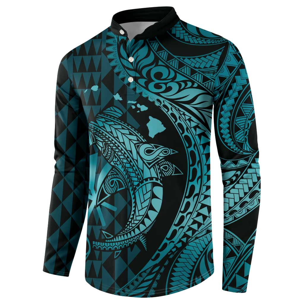 Aloha Hawaii Hammerhead Shark Button Sweatshirt Turquoise Kakau and Polynesian Tattoo LT03