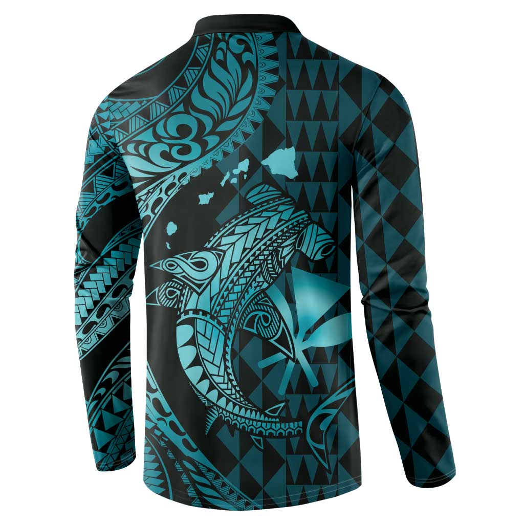 Aloha Hawaii Hammerhead Shark Button Sweatshirt Turquoise Kakau and Polynesian Tattoo LT03