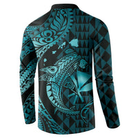 Aloha Hawaii Hammerhead Shark Button Sweatshirt Turquoise Kakau and Polynesian Tattoo LT03