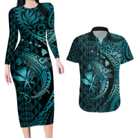 Aloha Hawaii Hammerhead Shark Couples Matching Long Sleeve Bodycon Dress and Hawaiian Shirt Turquoise Kakau and Polynesian Tattoo LT03 Turquoise - Polynesian Pride