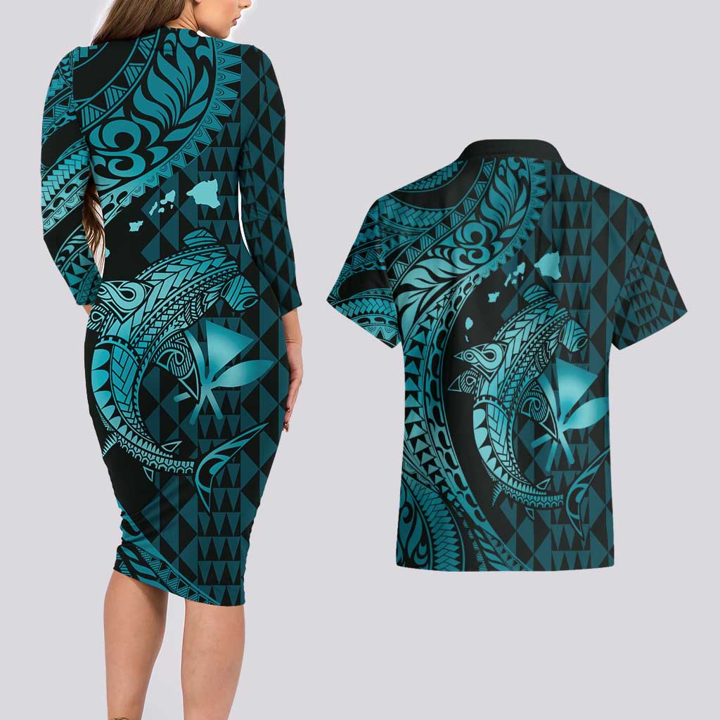 Aloha Hawaii Hammerhead Shark Couples Matching Long Sleeve Bodycon Dress and Hawaiian Shirt Turquoise Kakau and Polynesian Tattoo LT03 - Polynesian Pride