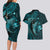 Aloha Hawaii Hammerhead Shark Couples Matching Long Sleeve Bodycon Dress and Hawaiian Shirt Turquoise Kakau and Polynesian Tattoo LT03