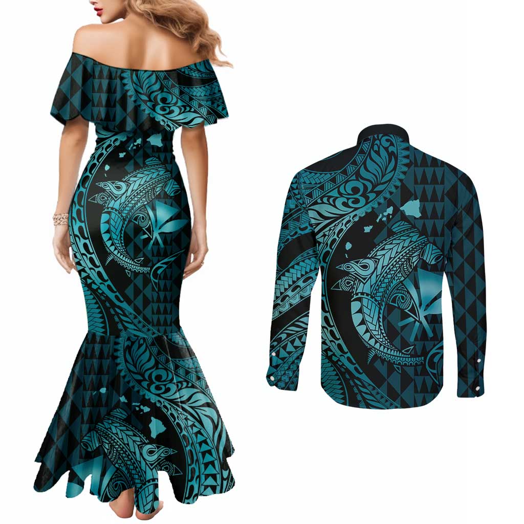 Aloha Hawaii Hammerhead Shark Couples Matching Mermaid Dress and Long Sleeve Button Shirt Turquoise Kakau and Polynesian Tattoo LT03