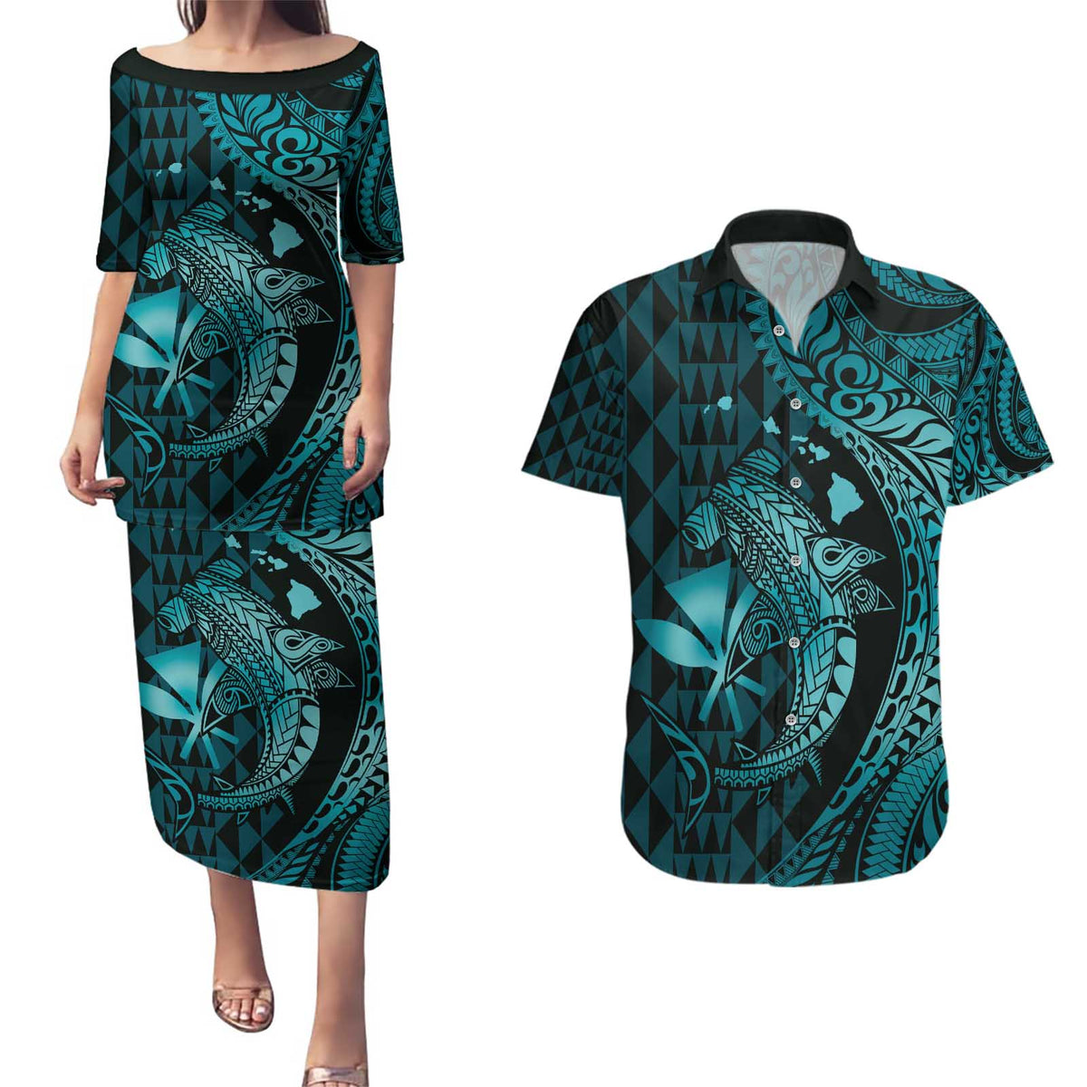 Aloha Hawaii Hammerhead Shark Couples Matching Puletasi and Hawaiian Shirt Turquoise Kakau and Polynesian Tattoo LT03
