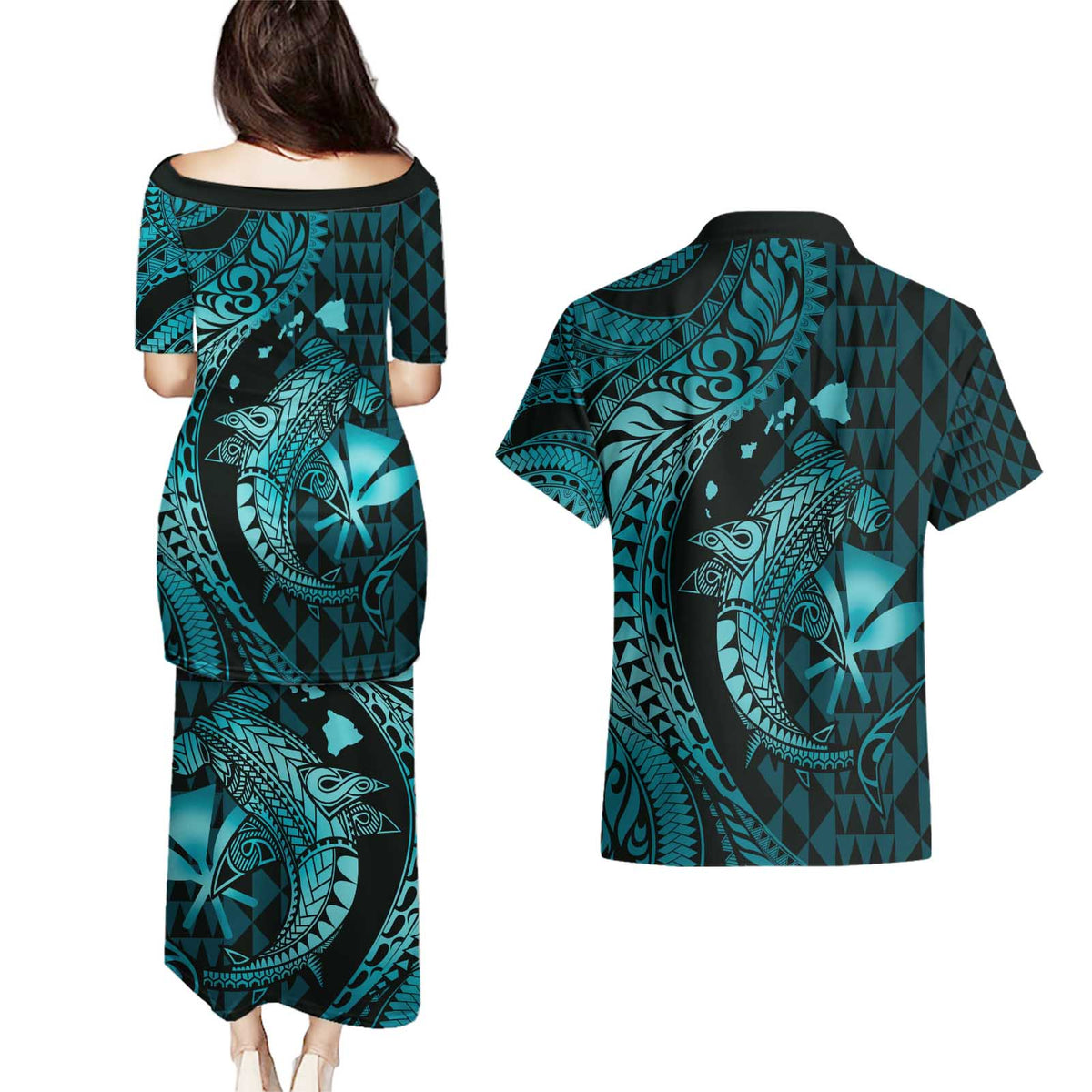 Aloha Hawaii Hammerhead Shark Couples Matching Puletasi and Hawaiian Shirt Turquoise Kakau and Polynesian Tattoo LT03