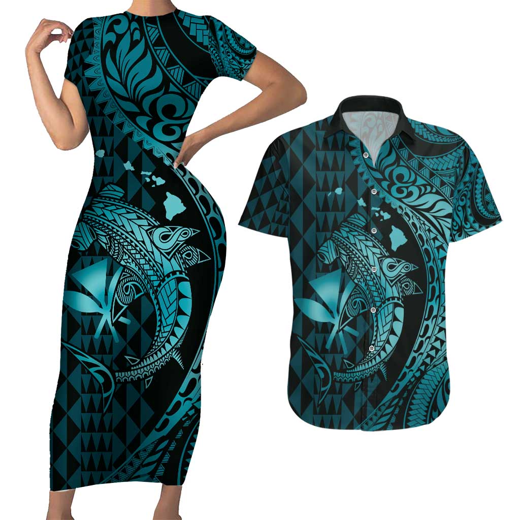 Aloha Hawaii Hammerhead Shark Couples Matching Short Sleeve Bodycon Dress and Hawaiian Shirt Turquoise Kakau and Polynesian Tattoo LT03 Turquoise - Polynesian Pride
