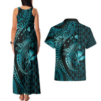 Aloha Hawaii Hammerhead Shark Couples Matching Tank Maxi Dress and Hawaiian Shirt Turquoise Kakau and Polynesian Tattoo LT03 - Polynesian Pride