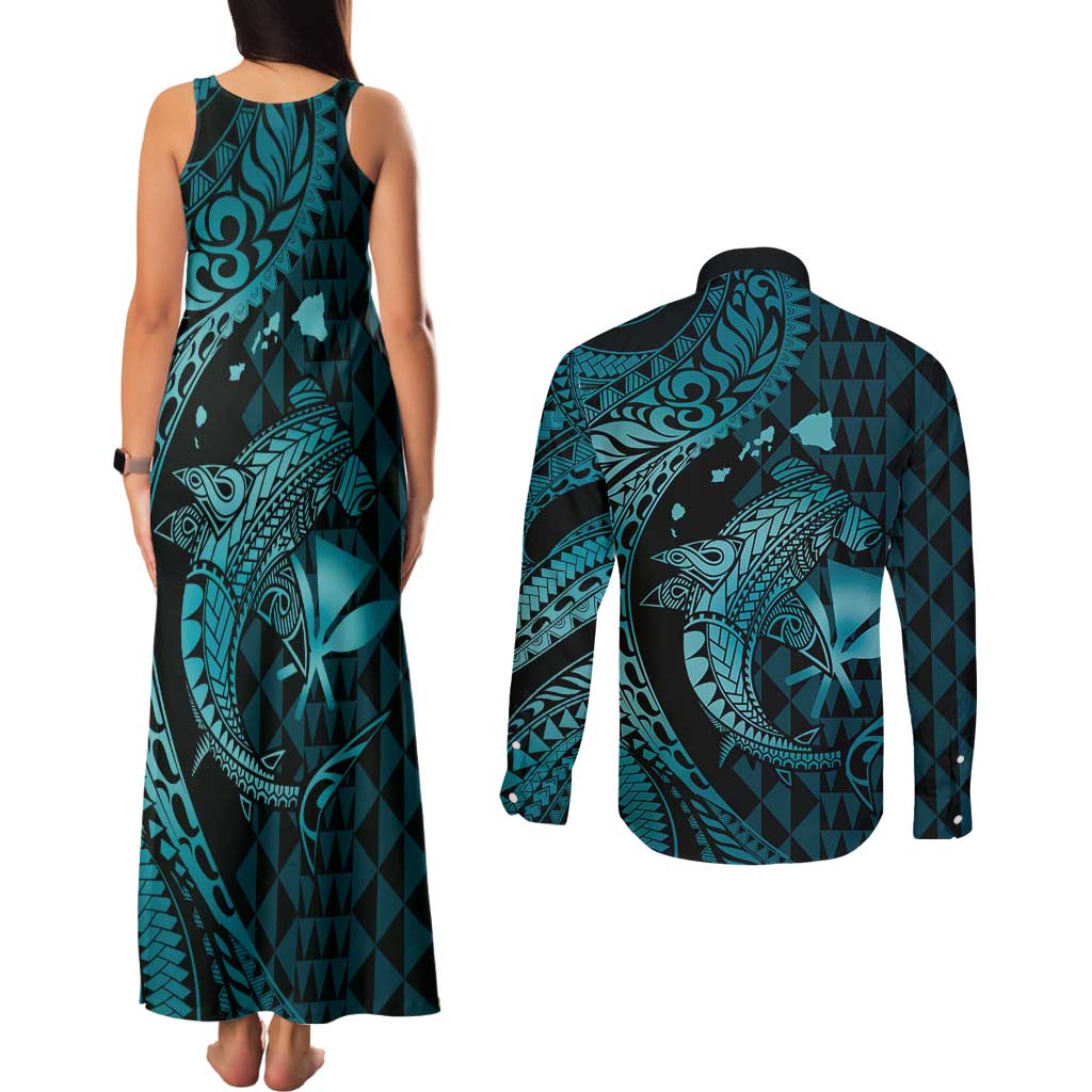 Aloha Hawaii Hammerhead Shark Couples Matching Tank Maxi Dress and Long Sleeve Button Shirt Turquoise Kakau and Polynesian Tattoo LT03