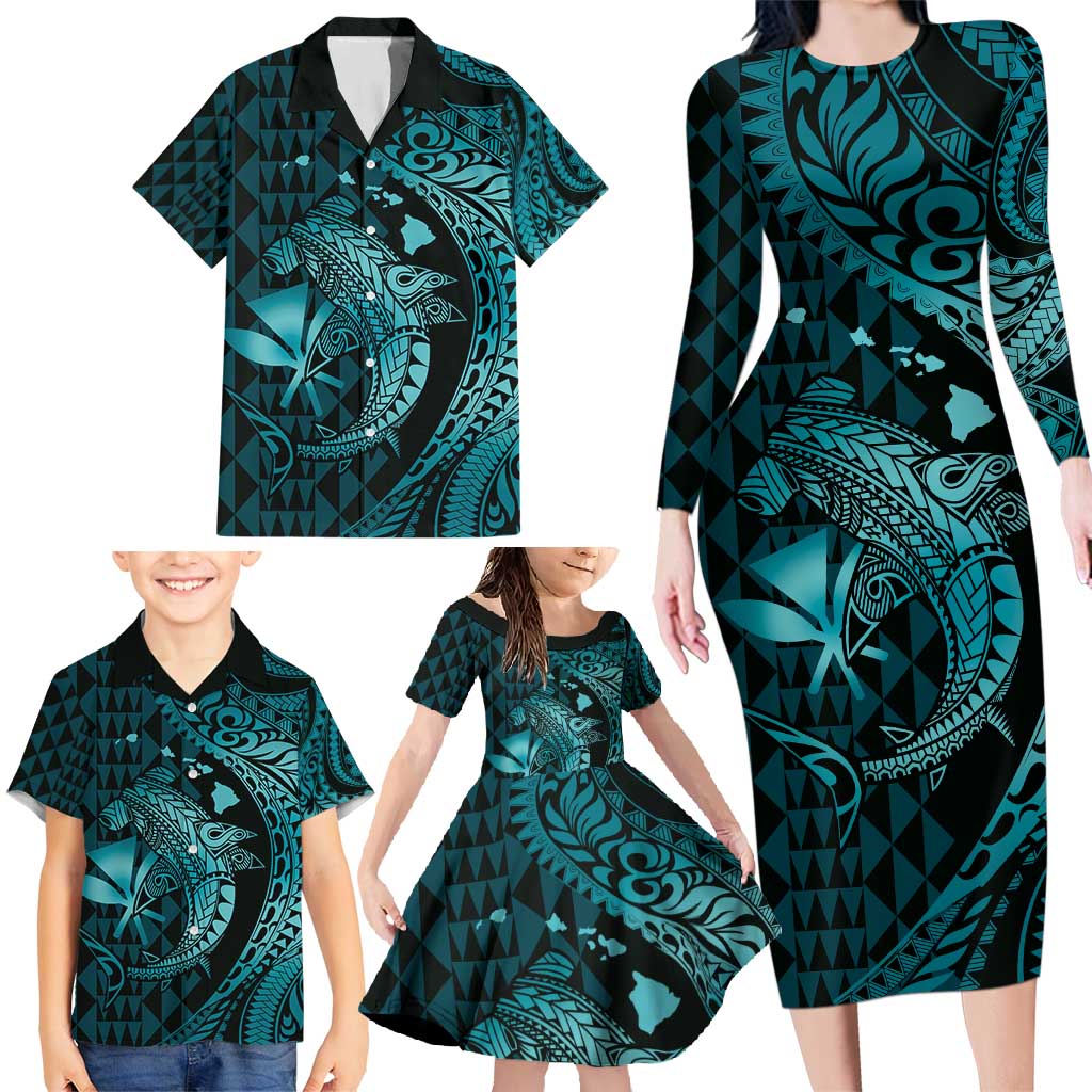 Aloha Hawaii Hammerhead Shark Family Matching Long Sleeve Bodycon Dress and Hawaiian Shirt Turquoise Kakau and Polynesian Tattoo LT03 - Polynesian Pride