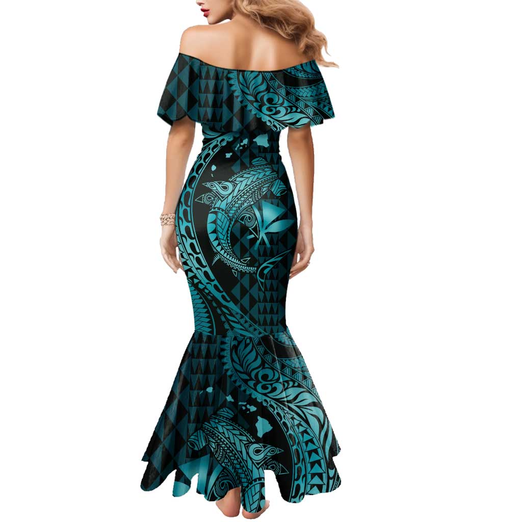 Aloha Hawaii Hammerhead Shark Family Matching Mermaid Dress and Hawaiian Shirt Turquoise Kakau and Polynesian Tattoo LT03 - Polynesian Pride