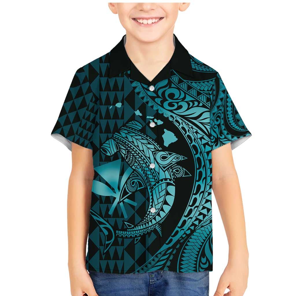 Aloha Hawaii Hammerhead Shark Family Matching Mermaid Dress and Hawaiian Shirt Turquoise Kakau and Polynesian Tattoo LT03 Son's Shirt Turquoise - Polynesian Pride