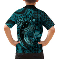 Aloha Hawaii Hammerhead Shark Family Matching Off The Shoulder Long Sleeve Dress and Hawaiian Shirt Turquoise Kakau and Polynesian Tattoo LT03 - Polynesian Pride