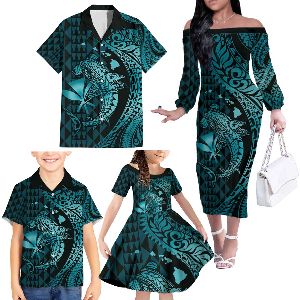 Aloha Hawaii Hammerhead Shark Family Matching Off The Shoulder Long Sleeve Dress and Hawaiian Shirt Turquoise Kakau and Polynesian Tattoo LT03 - Polynesian Pride