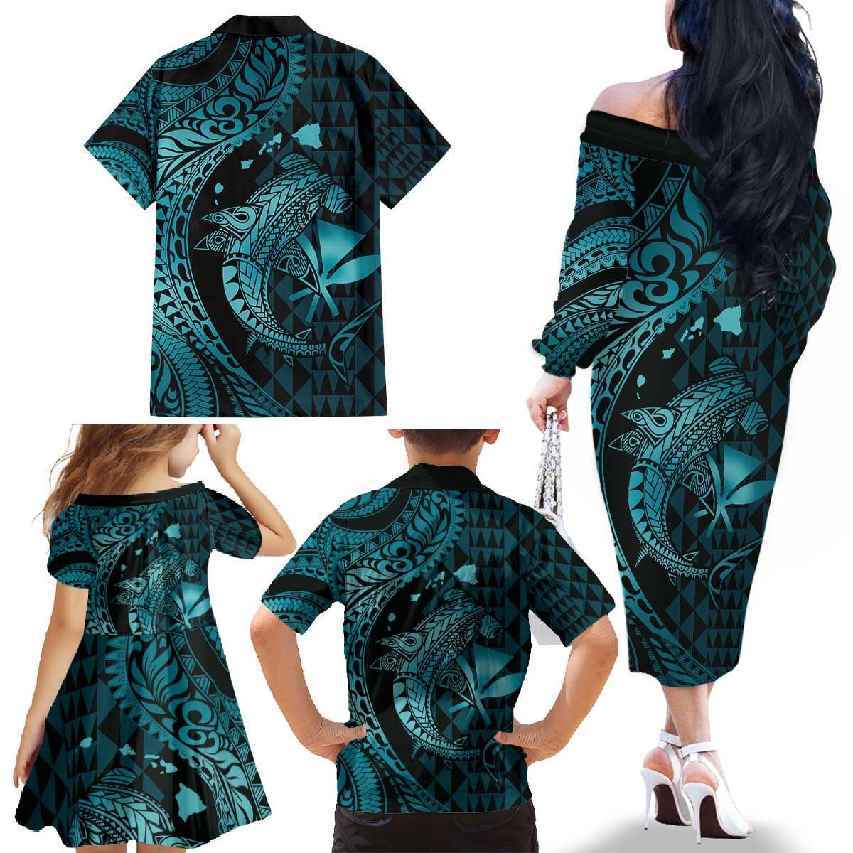 Aloha Hawaii Hammerhead Shark Family Matching Off The Shoulder Long Sleeve Dress and Hawaiian Shirt Turquoise Kakau and Polynesian Tattoo LT03 - Polynesian Pride