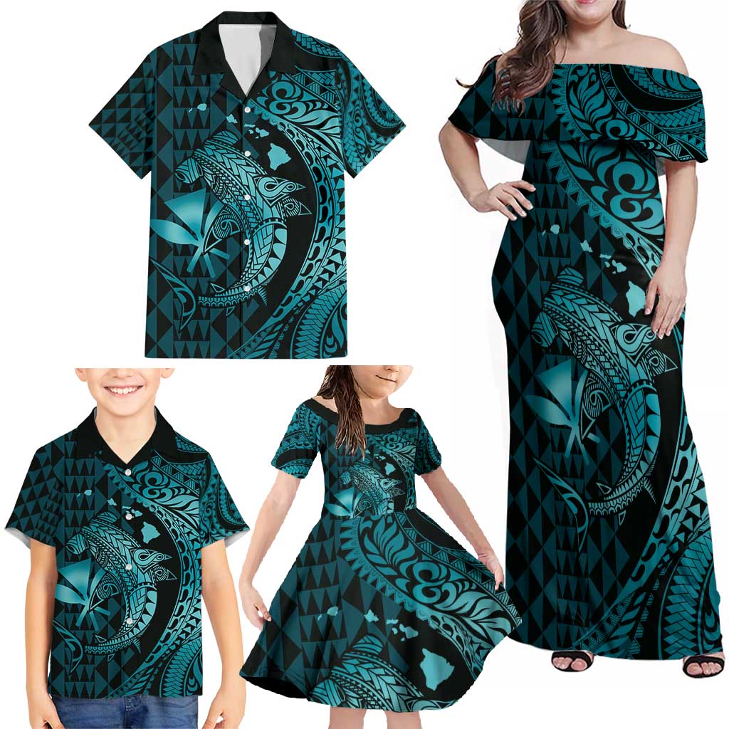 Aloha Hawaii Hammerhead Shark Family Matching Off Shoulder Maxi Dress and Hawaiian Shirt Turquoise Kakau and Polynesian Tattoo LT03 - Polynesian Pride