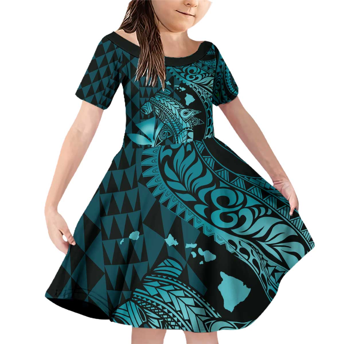 Aloha Hawaii Hammerhead Shark Family Matching Off Shoulder Short Dress and Hawaiian Shirt Turquoise Kakau and Polynesian Tattoo LT03 Daughter's Dress Turquoise - Polynesian Pride