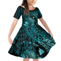 Aloha Hawaii Hammerhead Shark Family Matching Off Shoulder Short Dress and Hawaiian Shirt Turquoise Kakau and Polynesian Tattoo LT03 Daughter's Dress Turquoise - Polynesian Pride