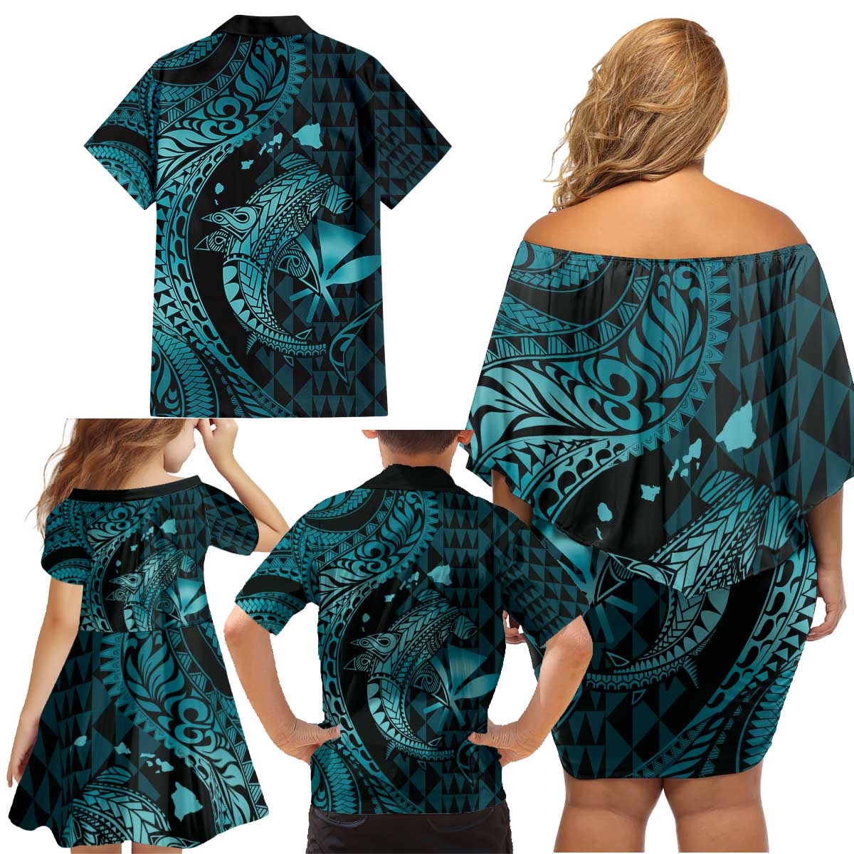 Aloha Hawaii Hammerhead Shark Family Matching Off Shoulder Short Dress and Hawaiian Shirt Turquoise Kakau and Polynesian Tattoo LT03 - Polynesian Pride