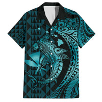 Aloha Hawaii Hammerhead Shark Family Matching Off Shoulder Short Dress and Hawaiian Shirt Turquoise Kakau and Polynesian Tattoo LT03 Dad's Shirt - Short Sleeve Turquoise - Polynesian Pride