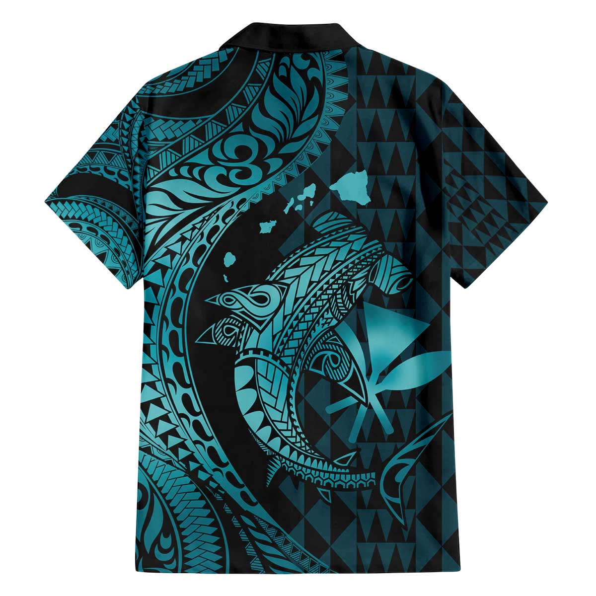 Aloha Hawaii Hammerhead Shark Family Matching Off Shoulder Short Dress and Hawaiian Shirt Turquoise Kakau and Polynesian Tattoo LT03 - Polynesian Pride