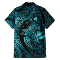 Aloha Hawaii Hammerhead Shark Family Matching Off Shoulder Short Dress and Hawaiian Shirt Turquoise Kakau and Polynesian Tattoo LT03 - Polynesian Pride